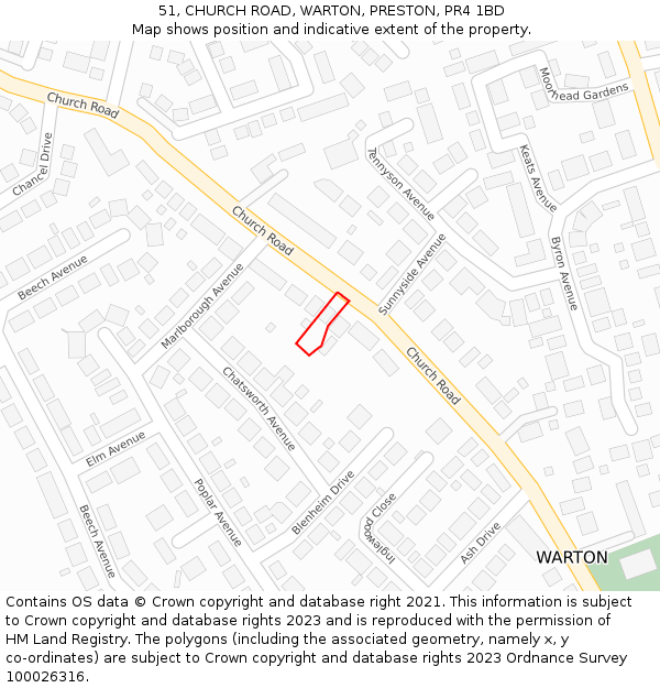 51, CHURCH ROAD, WARTON, PRESTON, PR4 1BD: Location map and indicative extent of plot