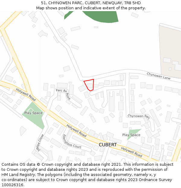 51, CHYNOWEN PARC, CUBERT, NEWQUAY, TR8 5HD: Location map and indicative extent of plot