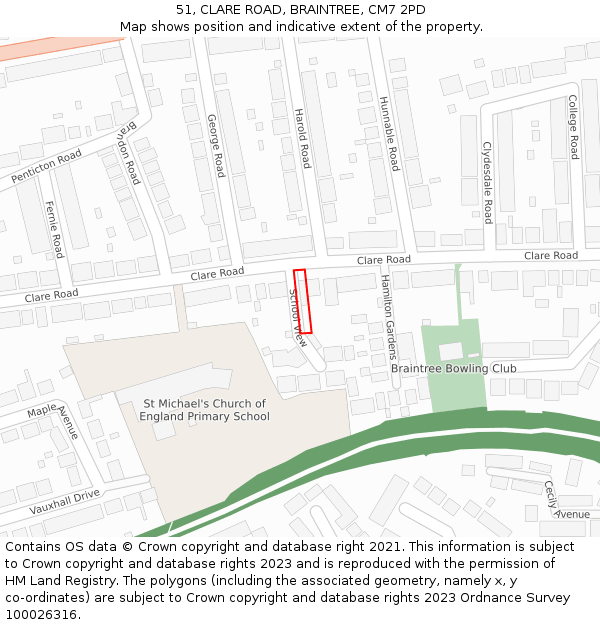 51, CLARE ROAD, BRAINTREE, CM7 2PD: Location map and indicative extent of plot