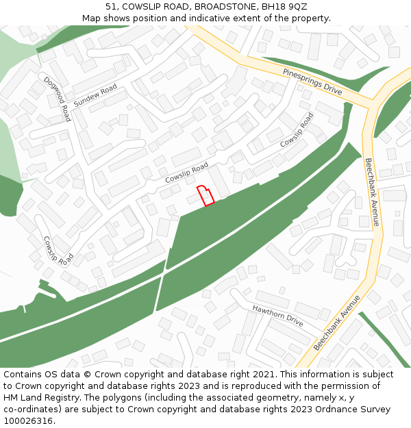 51, COWSLIP ROAD, BROADSTONE, BH18 9QZ: Location map and indicative extent of plot