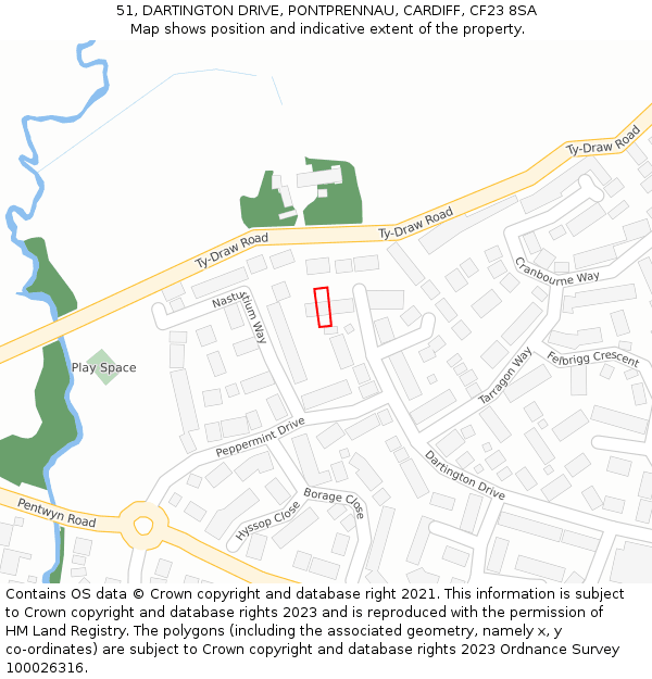 51, DARTINGTON DRIVE, PONTPRENNAU, CARDIFF, CF23 8SA: Location map and indicative extent of plot