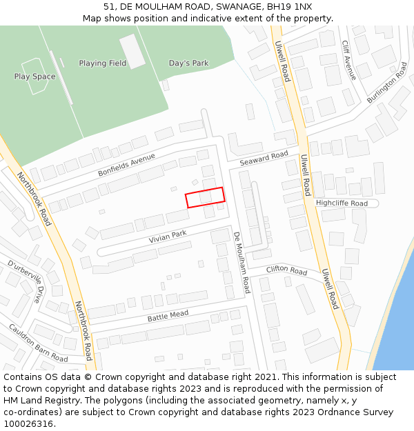 51, DE MOULHAM ROAD, SWANAGE, BH19 1NX: Location map and indicative extent of plot
