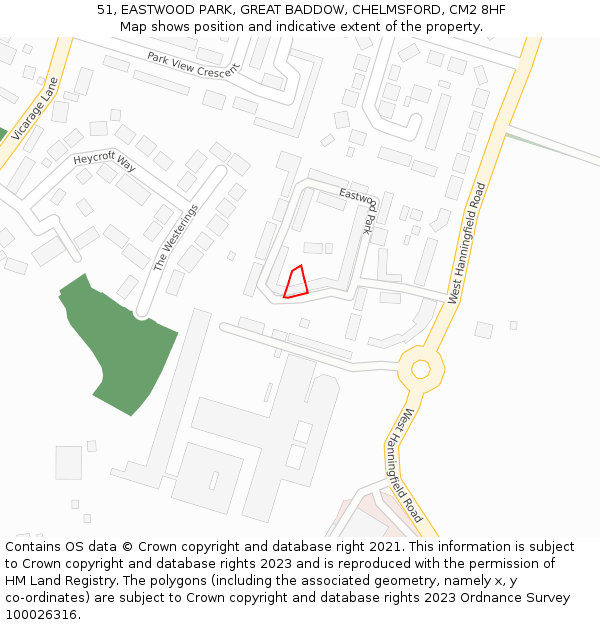 51, EASTWOOD PARK, GREAT BADDOW, CHELMSFORD, CM2 8HF: Location map and indicative extent of plot