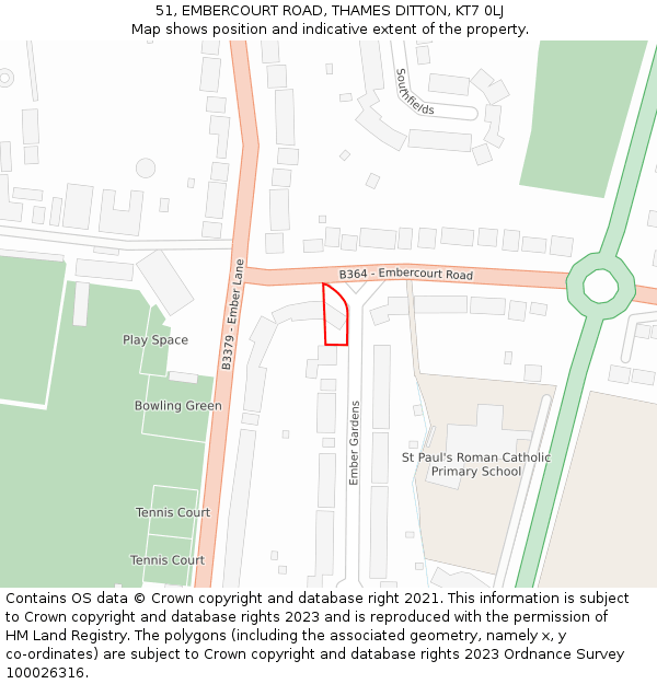 51, EMBERCOURT ROAD, THAMES DITTON, KT7 0LJ: Location map and indicative extent of plot