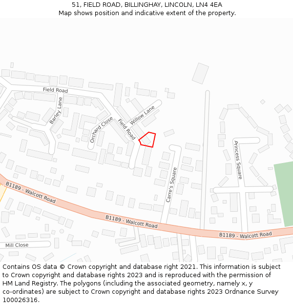 51, FIELD ROAD, BILLINGHAY, LINCOLN, LN4 4EA: Location map and indicative extent of plot