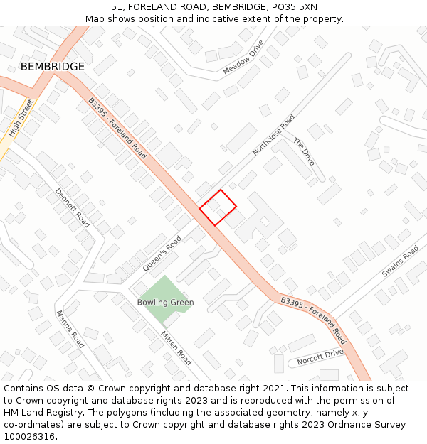 51, FORELAND ROAD, BEMBRIDGE, PO35 5XN: Location map and indicative extent of plot