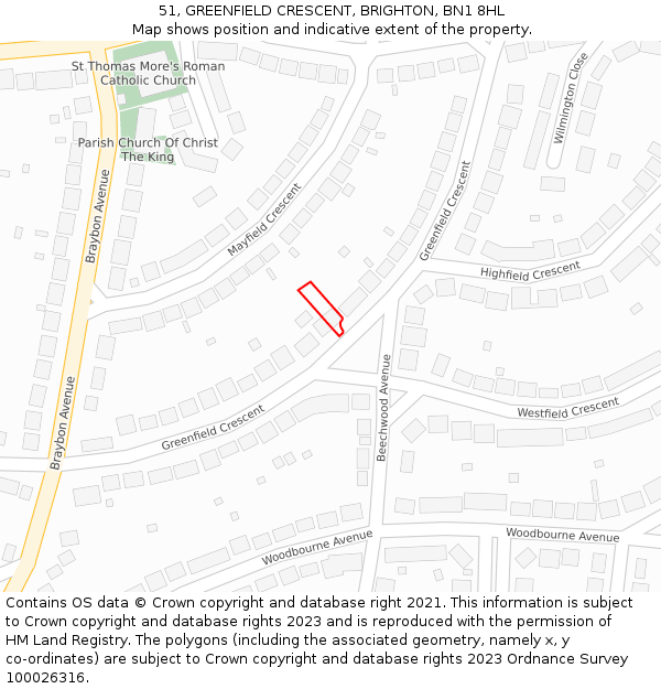 51, GREENFIELD CRESCENT, BRIGHTON, BN1 8HL: Location map and indicative extent of plot