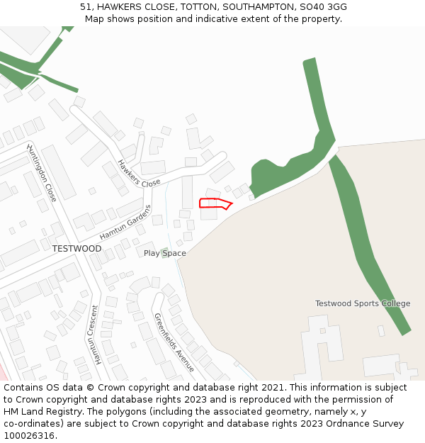 51, HAWKERS CLOSE, TOTTON, SOUTHAMPTON, SO40 3GG: Location map and indicative extent of plot