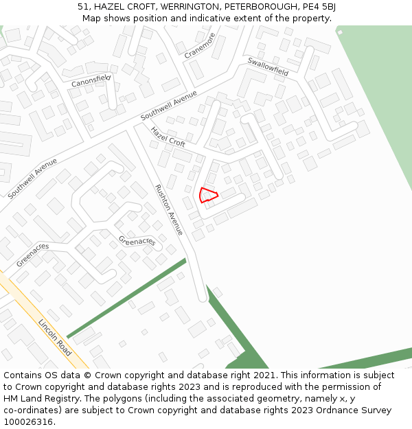 51, HAZEL CROFT, WERRINGTON, PETERBOROUGH, PE4 5BJ: Location map and indicative extent of plot