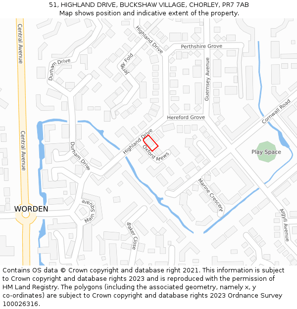 51, HIGHLAND DRIVE, BUCKSHAW VILLAGE, CHORLEY, PR7 7AB: Location map and indicative extent of plot