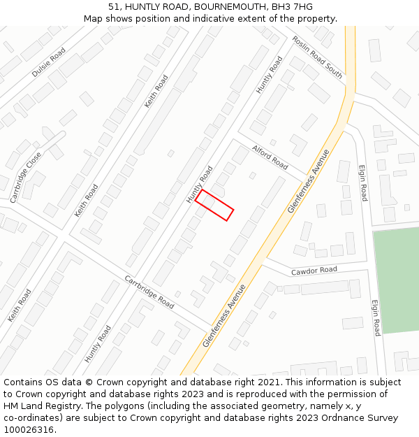 51, HUNTLY ROAD, BOURNEMOUTH, BH3 7HG: Location map and indicative extent of plot