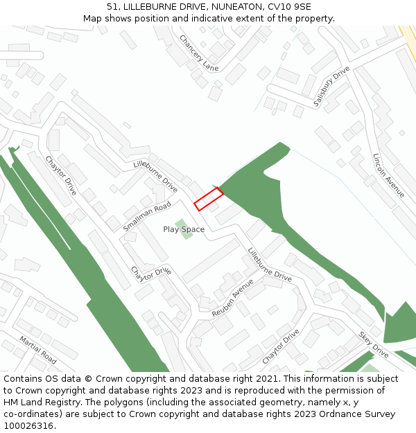 51, LILLEBURNE DRIVE, NUNEATON, CV10 9SE: Location map and indicative extent of plot
