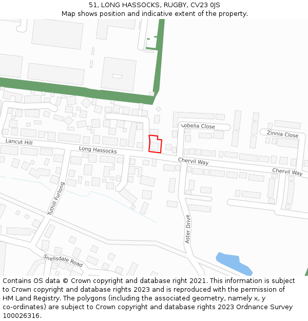 51, LONG HASSOCKS, RUGBY, CV23 0JS: Location map and indicative extent of plot