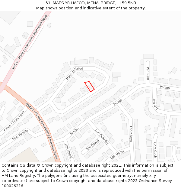 51, MAES YR HAFOD, MENAI BRIDGE, LL59 5NB: Location map and indicative extent of plot