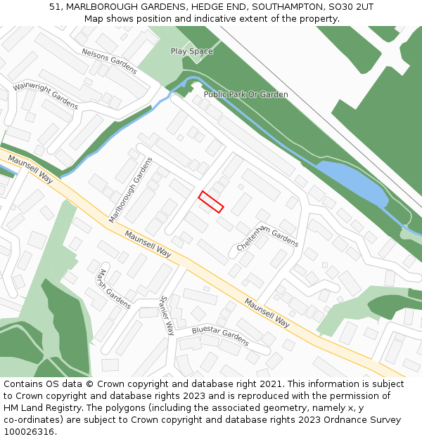 51, MARLBOROUGH GARDENS, HEDGE END, SOUTHAMPTON, SO30 2UT: Location map and indicative extent of plot