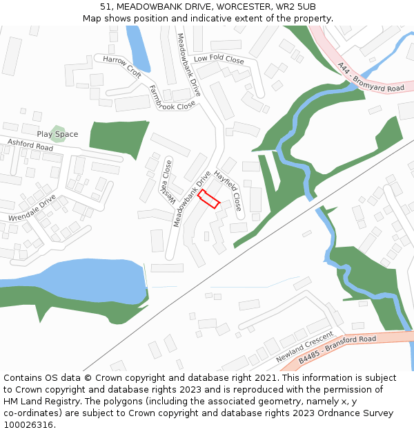51, MEADOWBANK DRIVE, WORCESTER, WR2 5UB: Location map and indicative extent of plot