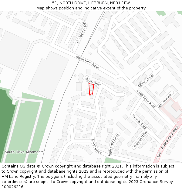 51, NORTH DRIVE, HEBBURN, NE31 1EW: Location map and indicative extent of plot