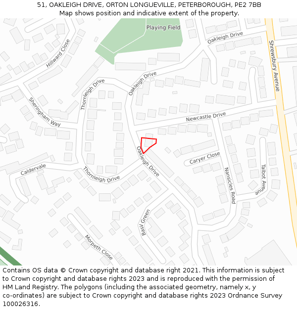51, OAKLEIGH DRIVE, ORTON LONGUEVILLE, PETERBOROUGH, PE2 7BB: Location map and indicative extent of plot