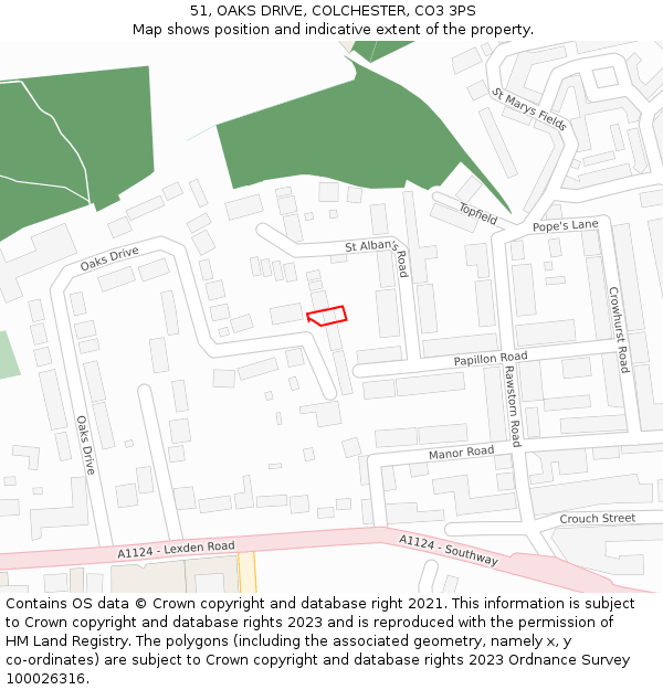 51, OAKS DRIVE, COLCHESTER, CO3 3PS: Location map and indicative extent of plot