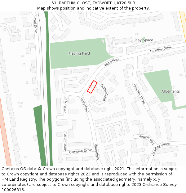 51, PARTHIA CLOSE, TADWORTH, KT20 5LB: Location map and indicative extent of plot