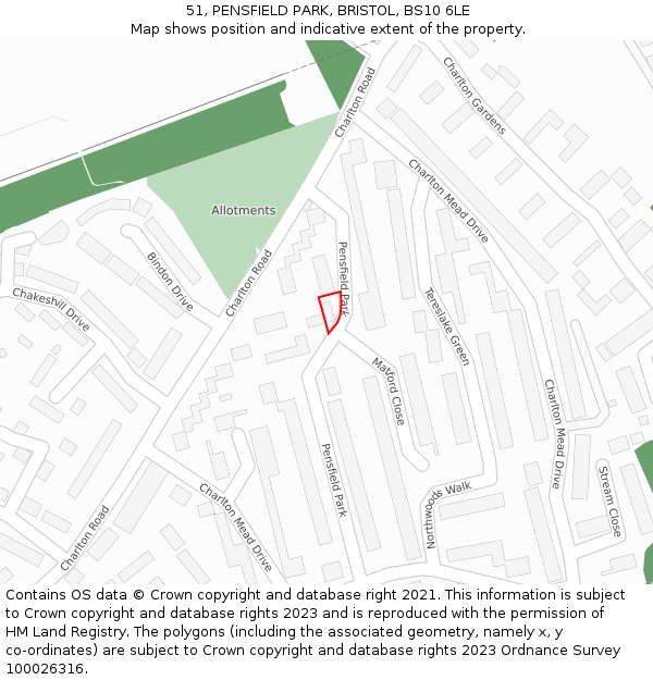 51, PENSFIELD PARK, BRISTOL, BS10 6LE: Location map and indicative extent of plot