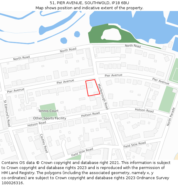 51, PIER AVENUE, SOUTHWOLD, IP18 6BU: Location map and indicative extent of plot