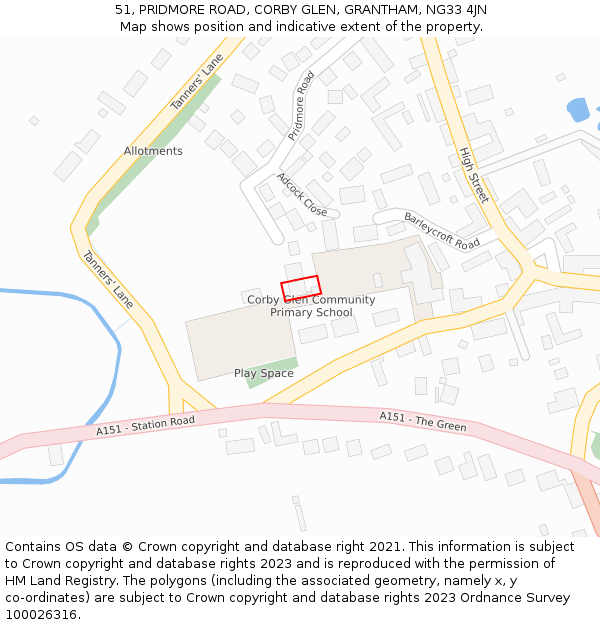 51, PRIDMORE ROAD, CORBY GLEN, GRANTHAM, NG33 4JN: Location map and indicative extent of plot