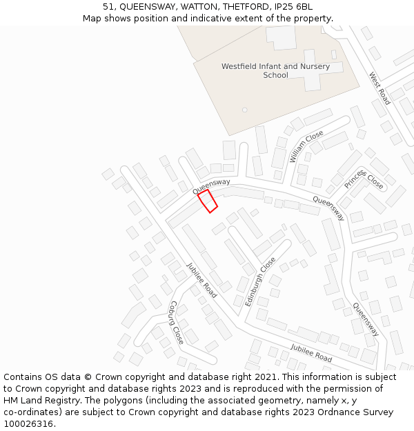 51, QUEENSWAY, WATTON, THETFORD, IP25 6BL: Location map and indicative extent of plot