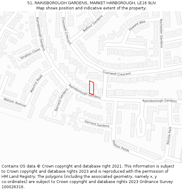 51, RAINSBOROUGH GARDENS, MARKET HARBOROUGH, LE16 9LN: Location map and indicative extent of plot