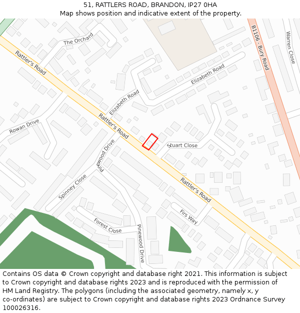 51, RATTLERS ROAD, BRANDON, IP27 0HA: Location map and indicative extent of plot