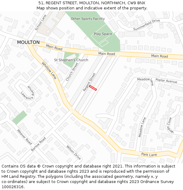 51, REGENT STREET, MOULTON, NORTHWICH, CW9 8NX: Location map and indicative extent of plot