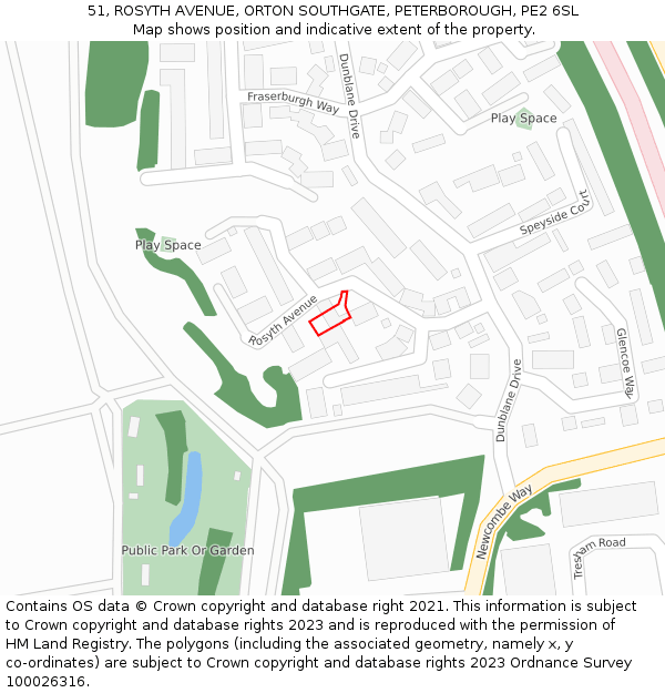 51, ROSYTH AVENUE, ORTON SOUTHGATE, PETERBOROUGH, PE2 6SL: Location map and indicative extent of plot