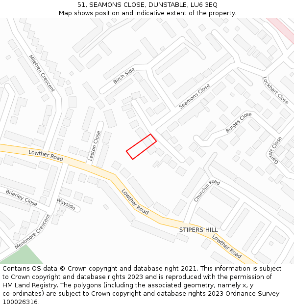 51, SEAMONS CLOSE, DUNSTABLE, LU6 3EQ: Location map and indicative extent of plot