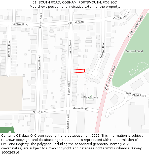 51, SOUTH ROAD, COSHAM, PORTSMOUTH, PO6 1QD: Location map and indicative extent of plot