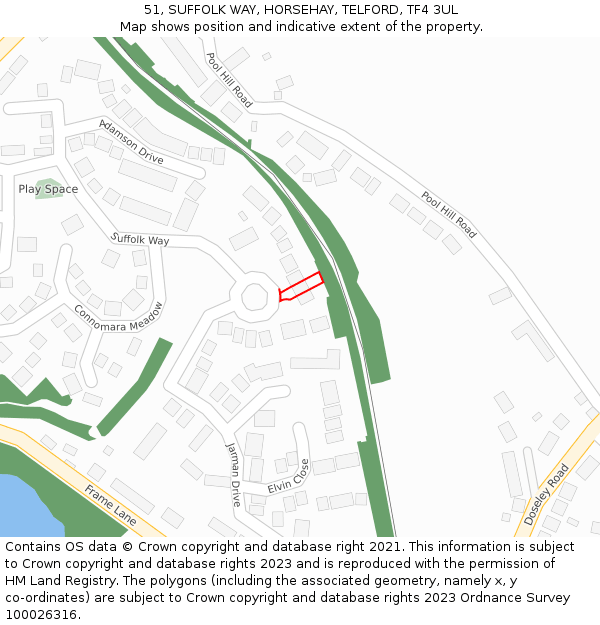 51, SUFFOLK WAY, HORSEHAY, TELFORD, TF4 3UL: Location map and indicative extent of plot