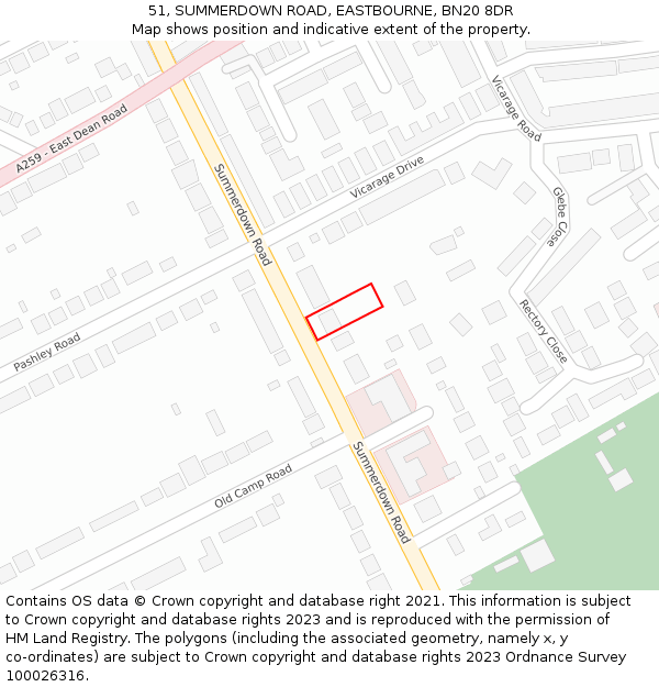 51, SUMMERDOWN ROAD, EASTBOURNE, BN20 8DR: Location map and indicative extent of plot