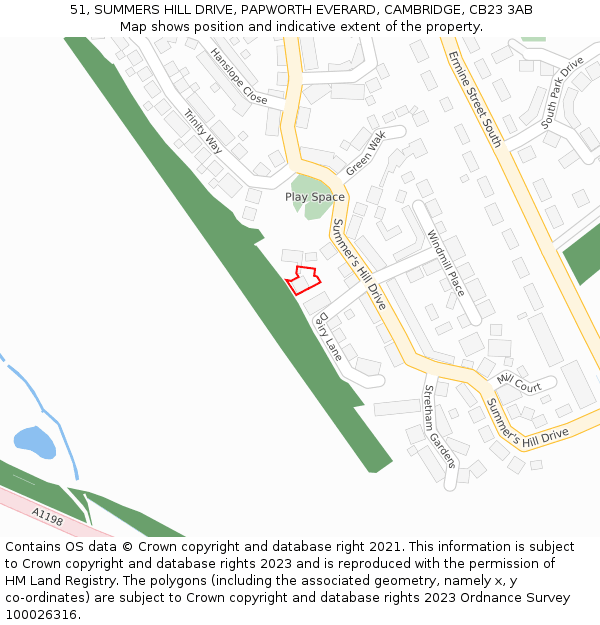 51, SUMMERS HILL DRIVE, PAPWORTH EVERARD, CAMBRIDGE, CB23 3AB: Location map and indicative extent of plot