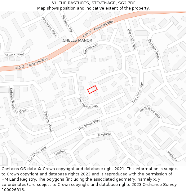51, THE PASTURES, STEVENAGE, SG2 7DF: Location map and indicative extent of plot