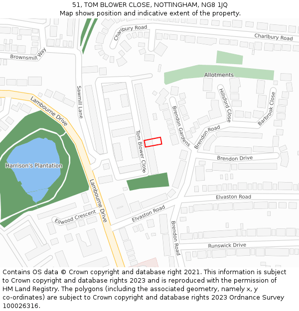 51, TOM BLOWER CLOSE, NOTTINGHAM, NG8 1JQ: Location map and indicative extent of plot