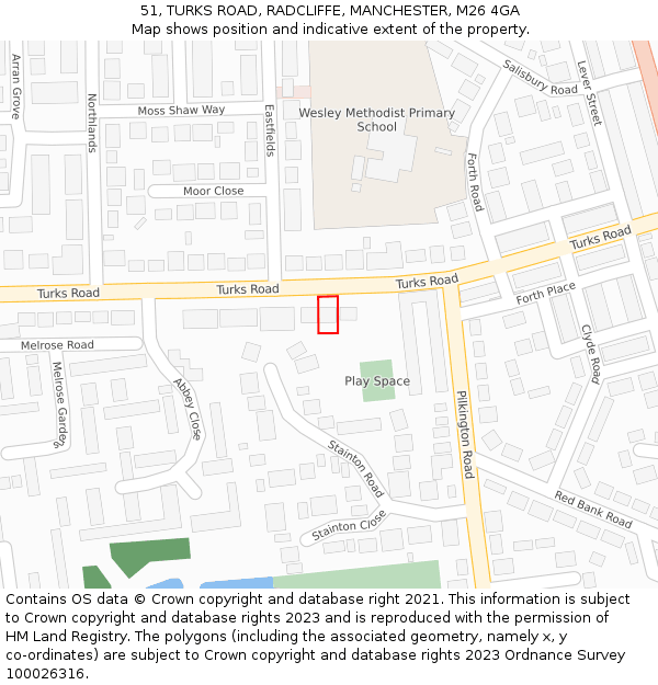 51, TURKS ROAD, RADCLIFFE, MANCHESTER, M26 4GA: Location map and indicative extent of plot