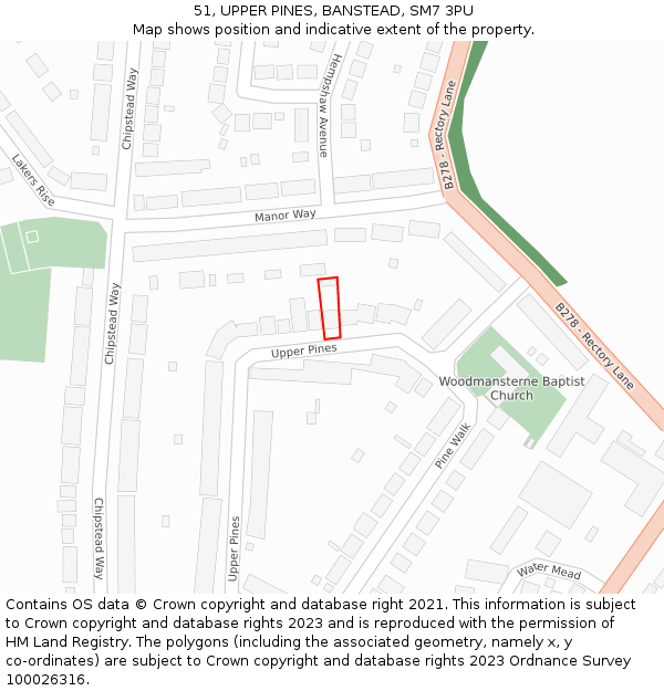 51, UPPER PINES, BANSTEAD, SM7 3PU: Location map and indicative extent of plot
