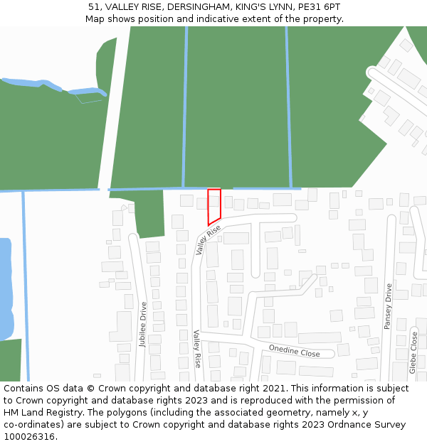 51, VALLEY RISE, DERSINGHAM, KING'S LYNN, PE31 6PT: Location map and indicative extent of plot