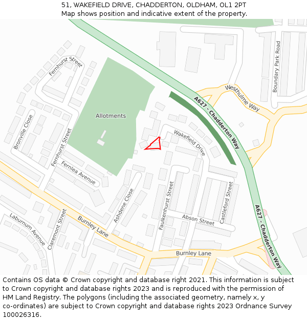 51, WAKEFIELD DRIVE, CHADDERTON, OLDHAM, OL1 2PT: Location map and indicative extent of plot