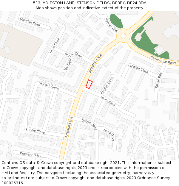 513, ARLESTON LANE, STENSON FIELDS, DERBY, DE24 3DA: Location map and indicative extent of plot