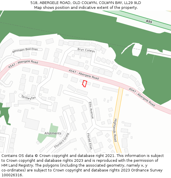 518, ABERGELE ROAD, OLD COLWYN, COLWYN BAY, LL29 9LD: Location map and indicative extent of plot