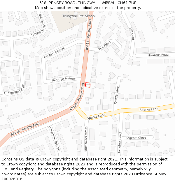 518, PENSBY ROAD, THINGWALL, WIRRAL, CH61 7UE: Location map and indicative extent of plot