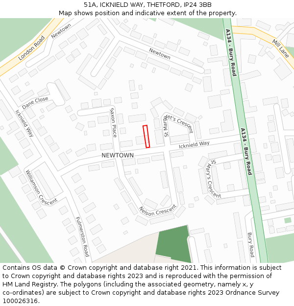 51A, ICKNIELD WAY, THETFORD, IP24 3BB: Location map and indicative extent of plot