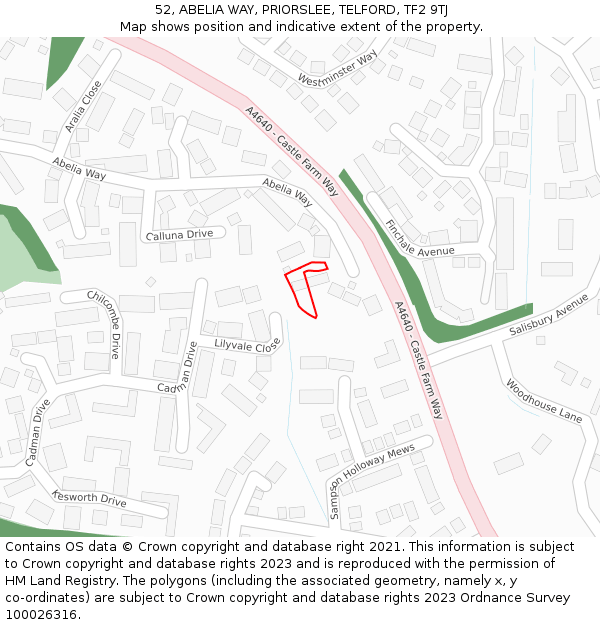 52, ABELIA WAY, PRIORSLEE, TELFORD, TF2 9TJ: Location map and indicative extent of plot