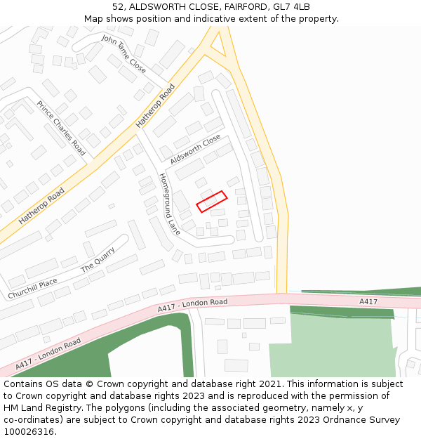 52, ALDSWORTH CLOSE, FAIRFORD, GL7 4LB: Location map and indicative extent of plot
