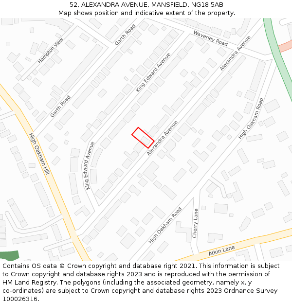 52, ALEXANDRA AVENUE, MANSFIELD, NG18 5AB: Location map and indicative extent of plot